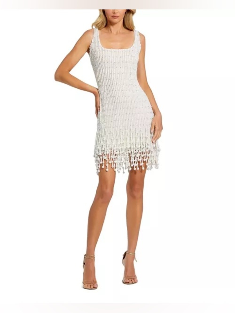 Mac Duggal Ivory Pearl Fringe Mini Dress